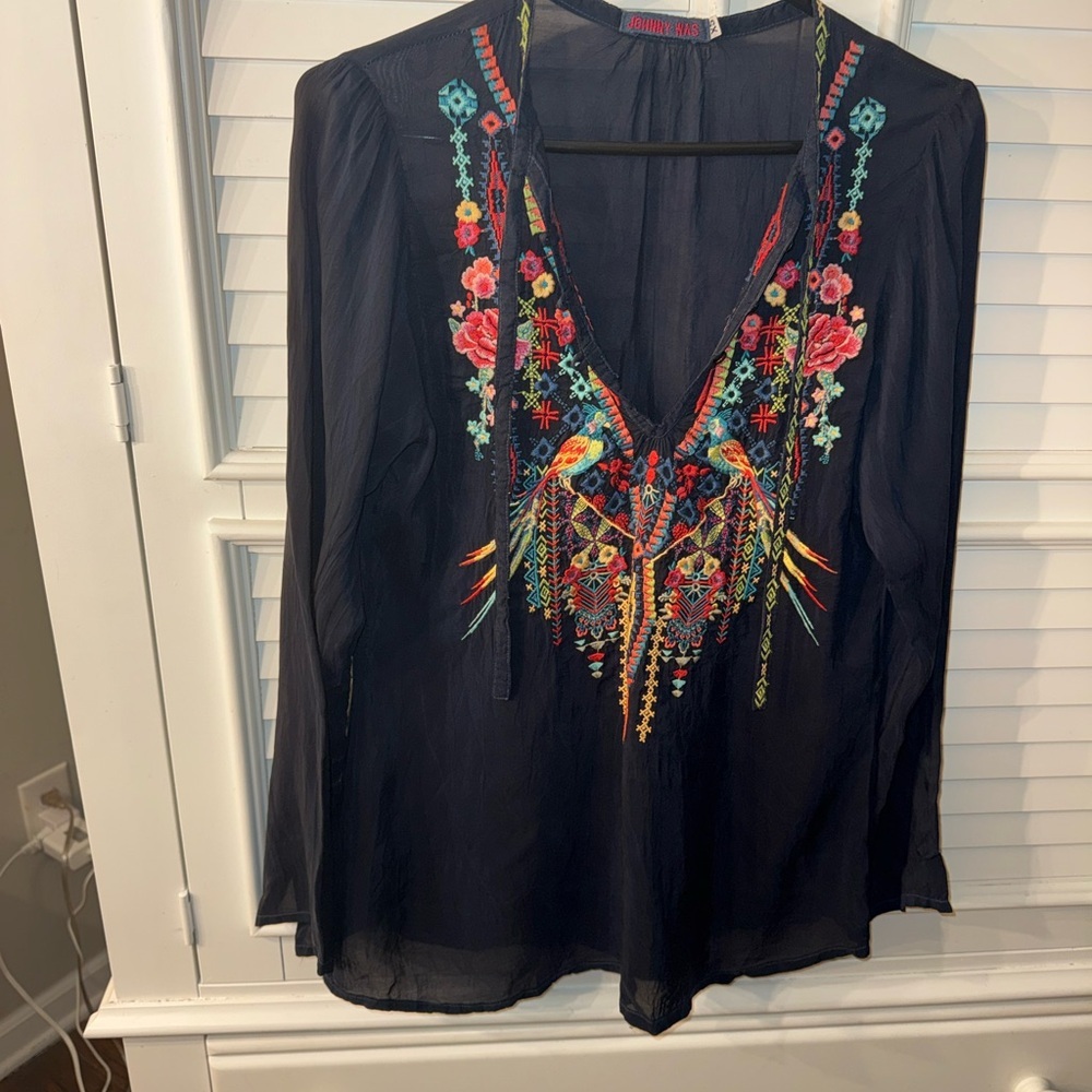 Johnny Was Embroidered Serendipity Tunic Top Cupra Rayon Royal Navy Blue XS Boho - Picture 6 of 16